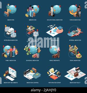 Population mobility migration displacement isometric set with compositions of icons with text captions documents and people vector illustration Stock Vector