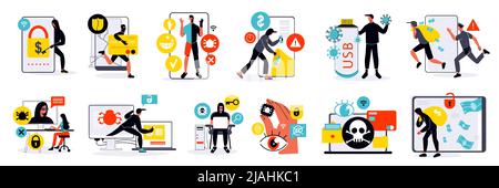 Colorful flat design cybersecurity icons set with criminals hacking into gadgets isolated vector illustration Stock Vector