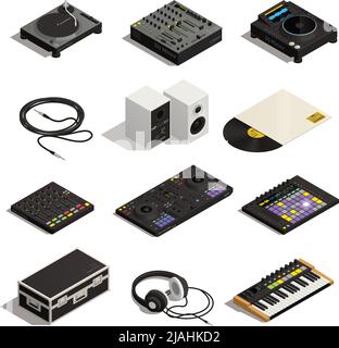DJ tools equipment isometric set with audio mixer headphone vinyl record player speakers instruments isolated vector illustration Stock Vector
