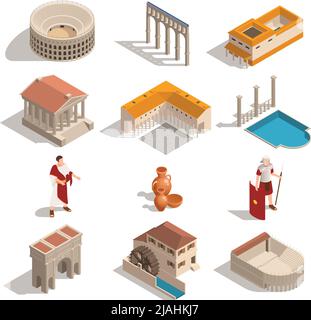 Ancient rome people landmarks architecture elements pottery isometric set with colosseum pantheon triumphal arch isolated vector illustration Stock Vector