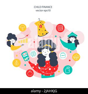 Child finance, online shopping flat vector illustration. Girl with calculator cartoon character. Counting money. Shopping expenses. Investment policy. Stock Vector
