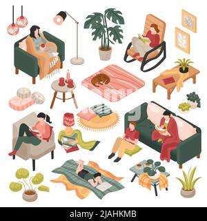 Cozy home isometric icons set with furniture decoration and human characters isolated on white background vector illustration Stock Vector