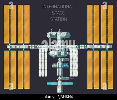 Flat colored orbital international space station concept with top view and yellow panels Stock Vector