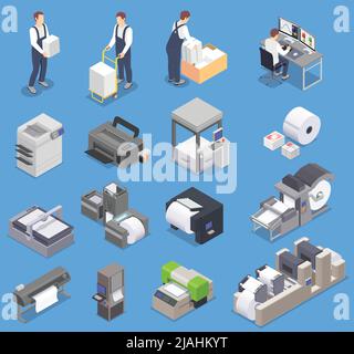 Printing house isometric set with isolated icons of printers for various formats paper sheets and workers vector illustration Stock Vector