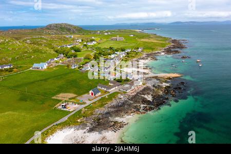 Aerial view from drone of Baile Mor village at St Ronans Bay on Isle of Iona, Argyll and Bute, Scotland, UK Stock Photo