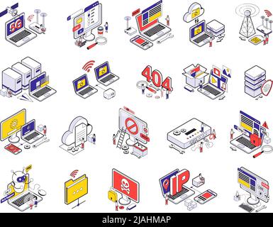 Web hosting isometric and isolated icon set with abstract situations elements signs vector illustration Stock Vector