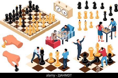 Set of isolated isometric chess icons with images of human hands holding figures and players characters vector illustration Stock Vector