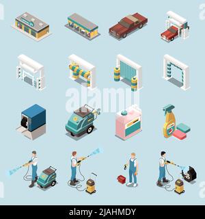 Car wash staff building tools for cleaning vehicle isometric icons set 2d isolated vector illustration Stock Vector