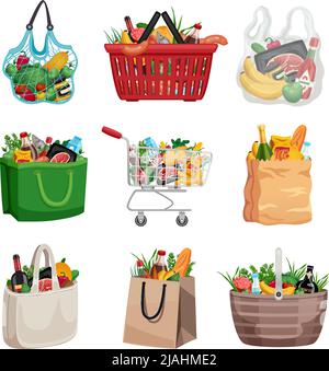 Shopping bag colored set of paper plastic and textile bags basket and cart filled to top with food isolated vector illustration Stock Vector