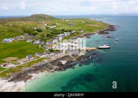 Aerial view from drone of Baile Mor village at St Ronans Bay on Isle of Iona, Argyll and Bute, Scotland, UK Stock Photo