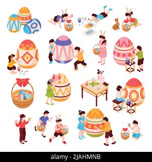 Easter isometric colored icons set of kid characters painting big eggs on white background isolated vector illustration Stock Vector