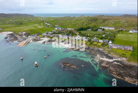 Aerial view from drone of Baile Mor village at St Ronans Bay on Isle of Iona, Argyll and Bute, Scotland, UK Stock Photo