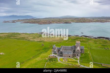 Aerial view from drone of Iona Abbey on Isle of Iona, Argyll and Bute, Scotland, UK Stock Photo