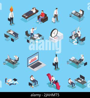 Professional burnout depression frustration isometric set of isolated icons and human characters of distracted business workers vector illustration Stock Vector