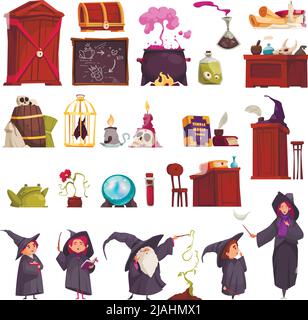Cartoon icons set with magic school interior elements objects for lessons young and old magicians isolated vector illustration Stock Vector
