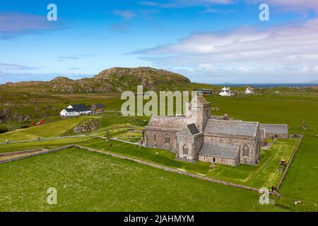 Aerial view from drone of Iona Abbey on Isle of Iona, Argyll and Bute, Scotland, UK Stock Photo