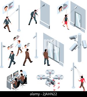 Isometric public security recognition cctv technology set of isolated icons with flying drone cameras and people vector illustration Stock Vector