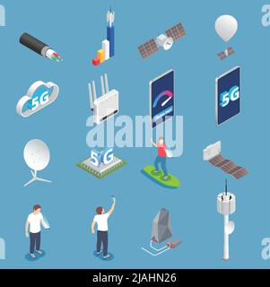 5g high speed internet isometric set of isolated icons of routers smartphones and characters of users vector illustration Stock Vector