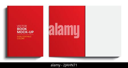 Red book cover realistic vector mockup. Closed and opened book isolated on white background. Stock Vector