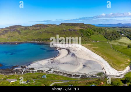 Aerial view from drone of beach at Calgary Bay on Isle of Mull, Argyll and Bute, Scotland, UK Stock Photo