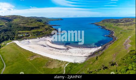 Aerial view from drone of beach at Calgary Bay on Isle of Mull, Argyll and Bute, Scotland, UK