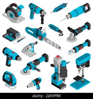 Electric machine and tools isometric set jigsaw, saber saw angle grinder drilling machine isolated vector illustration Stock Vector