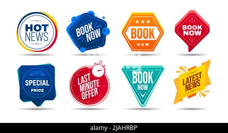 Various badges set for hot news special price last offer book now isolated on white background realistic vector illustration Stock Vector