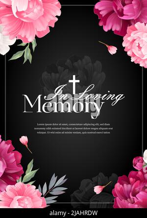 Vertical in loving memory mourning card with colored flowers on black background realistic vector illustration Stock Vector