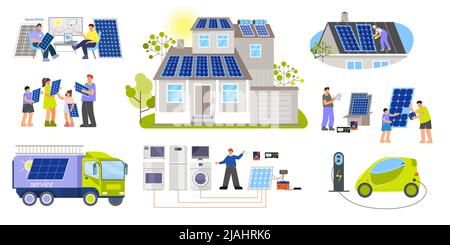 Set of isolated solar house flat icons with characters of service workers electric vehicles and roofs vector illustration Stock Vector