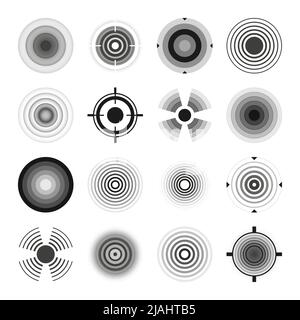 Various weapon sights, black crosshair icons. Aim, shooting mark symbol. Military target sign, silhouette. Radial sonar sound waves, radio signal Stock Vector