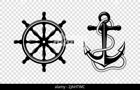 Vector Hand drawn Anchor and Ships Helm Icon Set Isolated. Design Template for Tattoos, Tshirt, Logo, Labels. Anchor with Rope and Steering Wheel Stock Vector