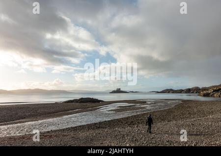 Scottish landscape - person walking on pebble beach at the stunning wild location of Druimindarroch and Borrodale Beach in winter, near Arisaig, Scotl Stock Photo