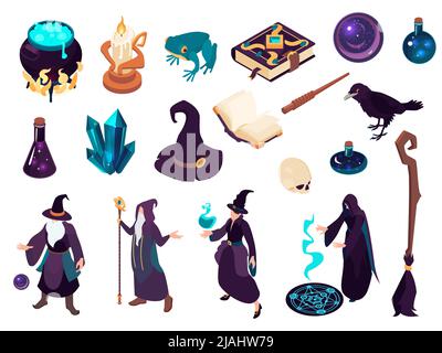 Magic isometric icons set with wizards witches and various stuff for witchcraft and alchemy isolated on white background 3d vector illustration Stock Vector