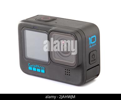 Gopro hero 10, action camera isolated on white background, view of lens lens., Kyiv, Ukraine, 21.05.2022. Stock Photo