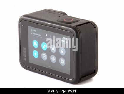 Gopro hero 10, action camera isolated on white background, home screen with image of main menu, Kyiv, Ukraine, 21.05.2022. Stock Photo