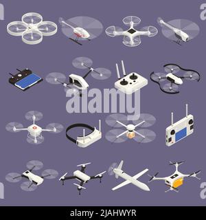 Set with isolated drones isometric icons and images of remotes and ...