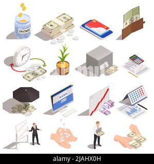 Set with isolated wealth management isometric icons and images of money and people on blank background vector illustration Stock Vector