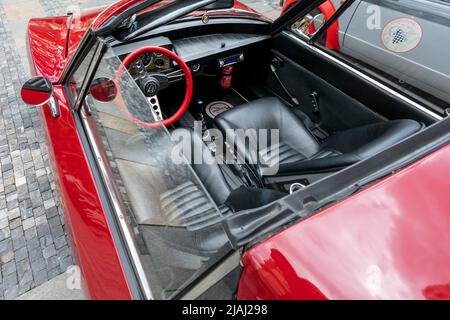 Ostrava, Czechia - 05.28.2022: High angle detail shot of veteran Matra Sports M530 LX interior. Vintage convertible cat. Classic old automobile. Stock Photo