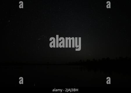 Constellation Orion in star field above Pine Glades Lake in Everglades National Park, Florida on calm clear April night.. Stock Photo