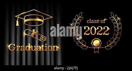 Graduation poster or flyer design with student cap and diploma. Black and gold. Vector template for graduation invitation, party or greeting card. Stock Vector