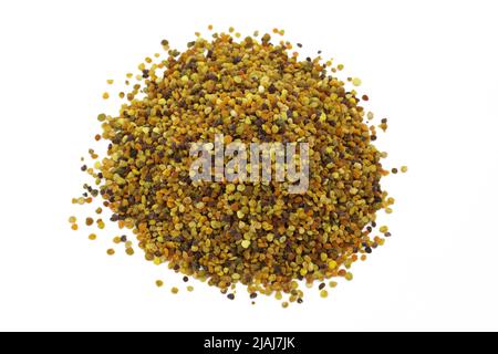 Pile of bee pollen or perga isolated on white background top view. Healthy vegetarian food supplement. Flower pollen grains or bee bread. Stock Photo