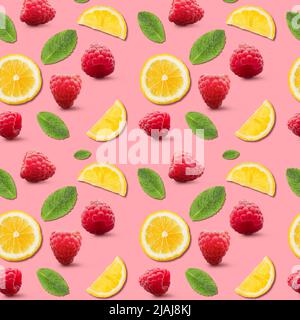 Many ripe raspberries, lemon slices and mint leaves on pink background. Pattern for design Stock Photo