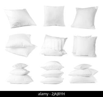 Set of many soft pillows isolated on white Stock Photo