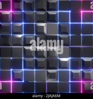 3d render, abstract faceted background, pink blue glowing neon light, square tiles, modern geometric texture, cyber network concept,