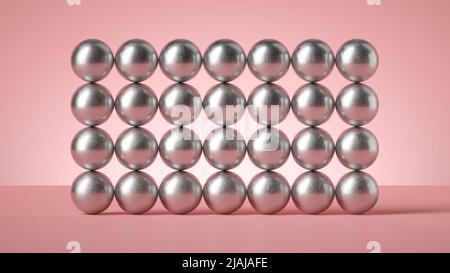 3d render, abstract modern minimal background, wall construction of many silver metallic balls isolated, balance concept. Matrix of geometric Stock Photo