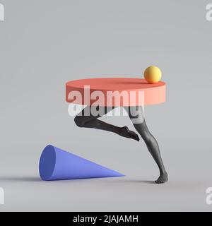 3d render, abstract surreal fashion concept, funny contemporary art. Colorful geometric objects and black legs isolated on white background. Stock Photo