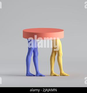 3d render, abstract minimal surreal fashion concept, funny contemporary art sculpture. Colorful geometric shapes and black human model legs. Stock Photo