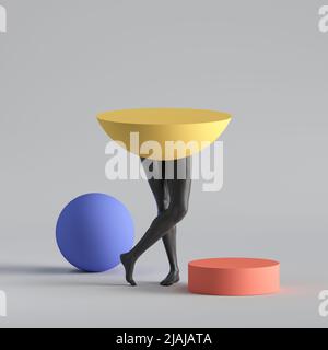 3d render, abstract surreal fashion concept, contemporary art funny sculpture. Colorful geometric shapes and black human model legs. Empty podium, Stock Photo
