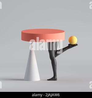 3d render, abstract surreal fashion concept, funny contemporary art. Colorful geometric shapes and black legs isolated on white background. Stock Photo