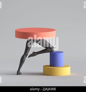 3d render, abstract surreal fashion concept, minimal design, funny contemporary art. Colorful geometric objects and black legs over white background. Stock Photo